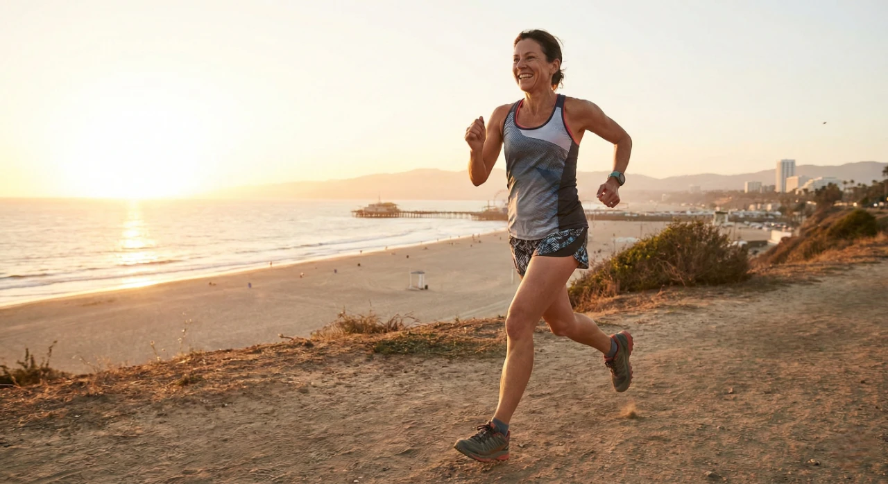 A dynamic, sun-drenched photograph of a smiling middle-aged woman running along a coastal dirt path during golden hour. The low sun casts a warm, backlighting glow, highlighting her figure and the dust kicked up by her stride. In the background, there's a wide sandy beach, the ocean, a pier, and the distant skyline of a coastal city under a hazy orange and purple sky. She wears a patterned tank top, running shorts, and sneakers.