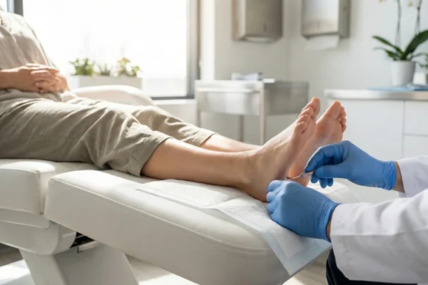 A bright, clean photograph in a clinic setting, showing a doctor's hands in blue gloves gently examining the heel of a patient lying on a white examination table. Natural light comes from a window on the left.