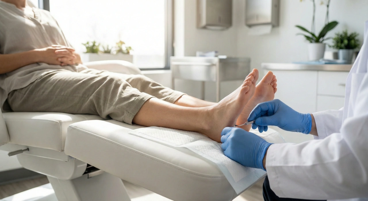 A bright, clean photograph in a clinic setting, showing a doctor's hands in blue gloves gently examining the heel of a patient lying on a white examination table. Natural light comes from a window on the left.