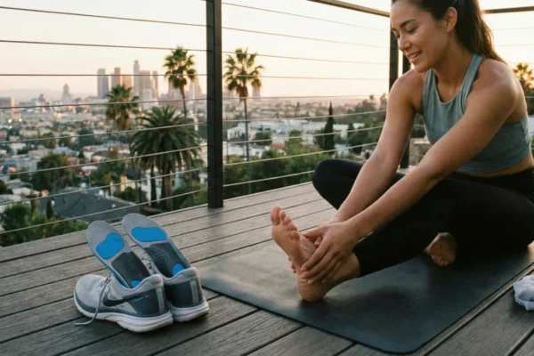 A warm golden-hour lifestyle shot on a Los Angeles balcony. In the foreground, a pair of gray athletic sneakers features blue and black custom arch support insoles resting inside. A woman in a gray tank top sits on a black yoga mat in the background, gently holding her bare foot. The composition captures a sprawling city skyline with silhouetted palm trees under a soft, hazy sunset light.