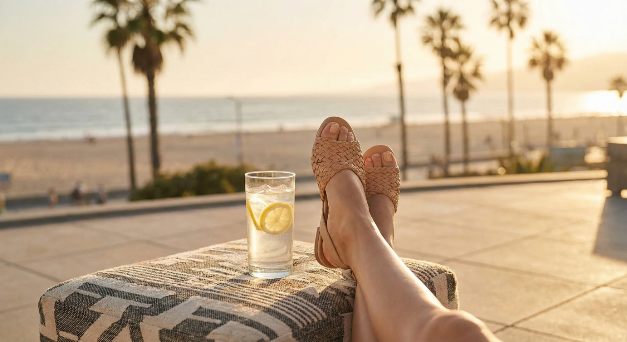 A first-person perspective photograph captured during the golden hour, featuring warm, hazy orange sunlight. Two healthy-looking feet wearing woven tan leather sandals are propped up on a textured, geometric-patterned ottoman. To the left, a tall glass of ice water with two vibrant lemon slices catches the sunset light. The background is a soft-focus coastal landscape of a sandy beach, palm tree silhouettes, and the ocean, emphasizing a relaxed and carefree lifestyle. The composition is wide and airy, focusing on the comfort and aesthetic of healthy feet.