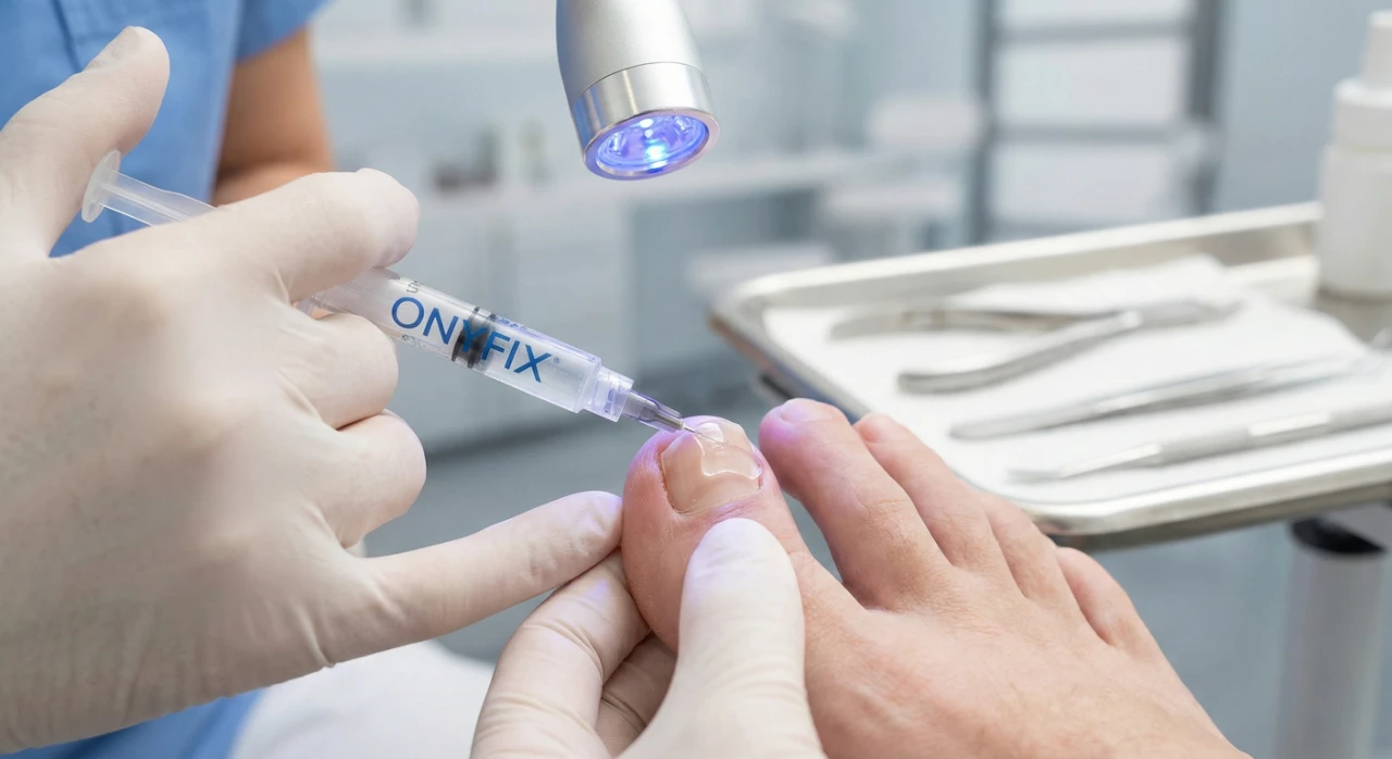 A close-up photograph in a brightly lit medical setting shows gloved hands applying a gel from a syringe labeled "ONYFIX" in blue text onto a toenail. A device emitting blue light is positioned above the toe. In the blurred background, there is a metal tray with medical instruments.