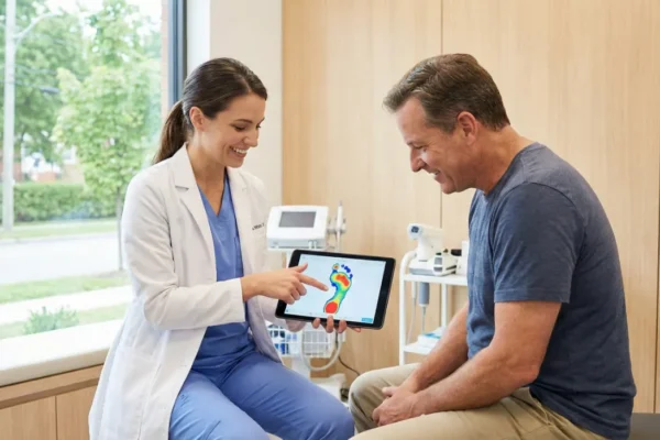 A bright, professionally lit interior of a modern podiatry clinic. A female doctor in a white medical coat and blue scrubs is seated on the left, smiling as she points to a digital tablet. The tablet displays a vibrant, multi-colored thermal foot scan with red, yellow, and blue pressure maps. A male patient in a blue t-shirt sits opposite her, looking at the screen. The scene is framed against clean wooden wall panels and a large window with soft outdoor light.