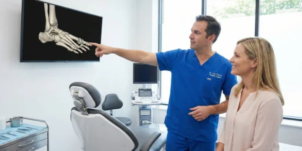 High-key lighting fills a crisp, modern medical suite where a podiatric surgeon in vibrant blue scrubs points to a high-contrast 3D digital foot skeleton on a widescreen monitor. The composition captures a warm, professional interaction with a smiling female patient.