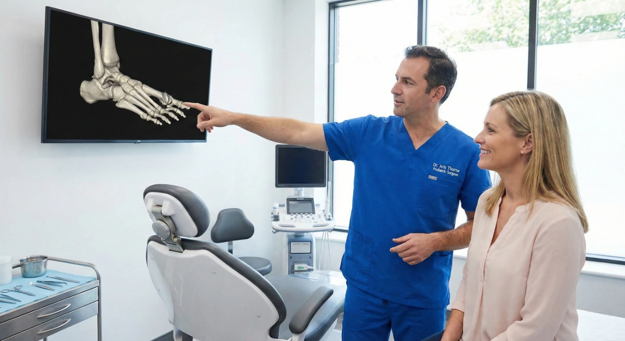 High-key lighting fills a crisp, modern medical suite where a podiatric surgeon in vibrant blue scrubs points to a high-contrast 3D digital foot skeleton on a widescreen monitor. The composition captures a warm, professional interaction with a smiling female patient.