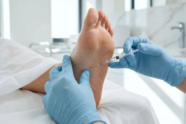 A close-up clinical photograph of a medical procedure being performed on a foot. Hands wearing light blue nitrile gloves hold a clear syringe, carefully administering an injection into the sole near the heel. The scene is brightly lit with clean, sterile white lighting, emphasizing precision against a backdrop of white medical linens and a minimalist marble-patterned clinic wall.