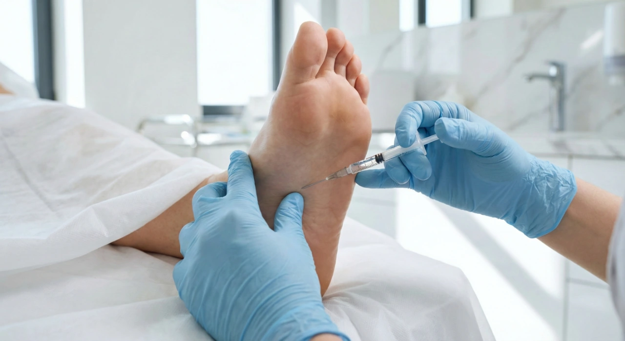 A close-up clinical photograph of a medical procedure being performed on a foot. Hands wearing light blue nitrile gloves hold a clear syringe, carefully administering an injection into the sole near the heel. The scene is brightly lit with clean, sterile white lighting, emphasizing precision against a backdrop of white medical linens and a minimalist marble-patterned clinic wall.