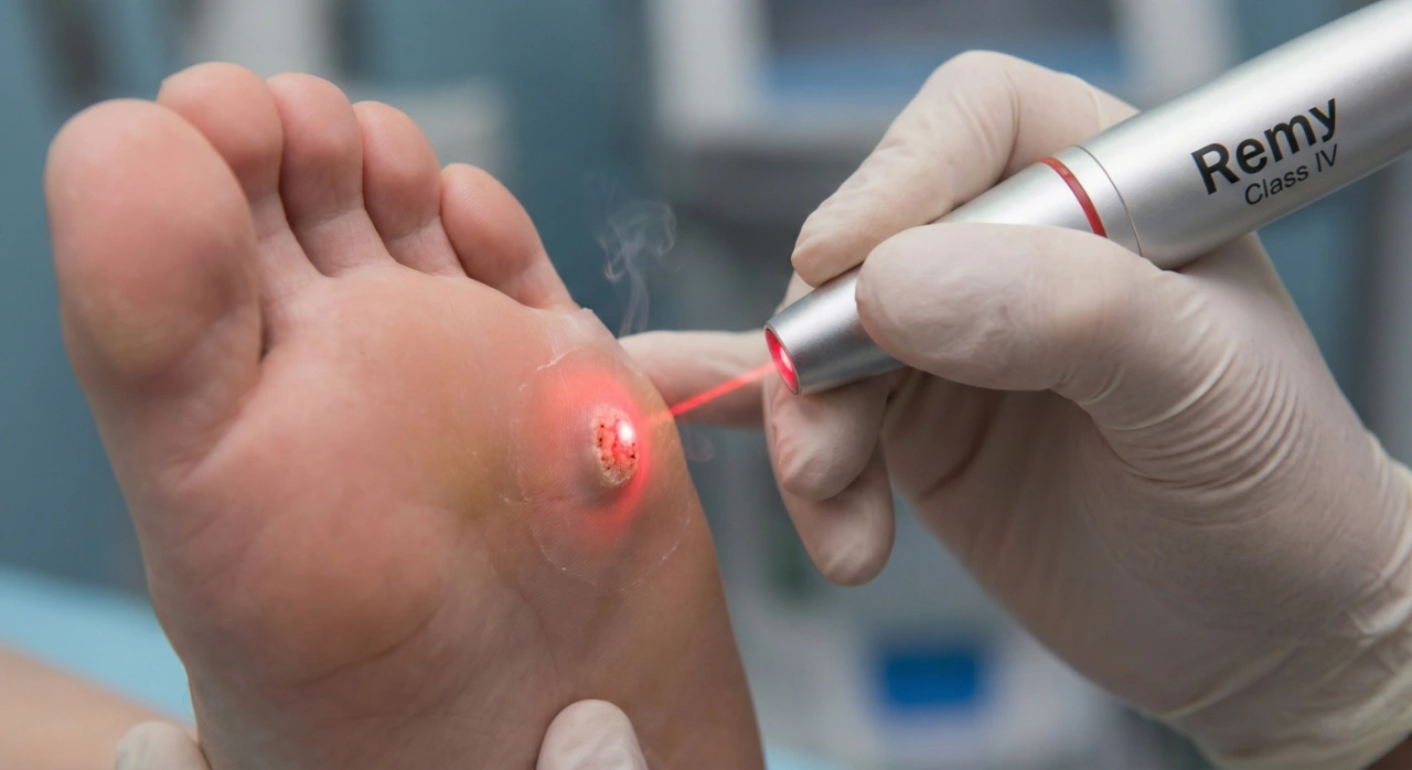 A clinical close-up shot showing a gloved hand holding a sleek silver laser device with "Remy Class IV" printed on the side. A thin, bright red laser beam is precisely targeted at a textured plantar wart on the sole of a foot. Subtle wisps of vapor rise from the treatment site under focused, bright medical lighting.