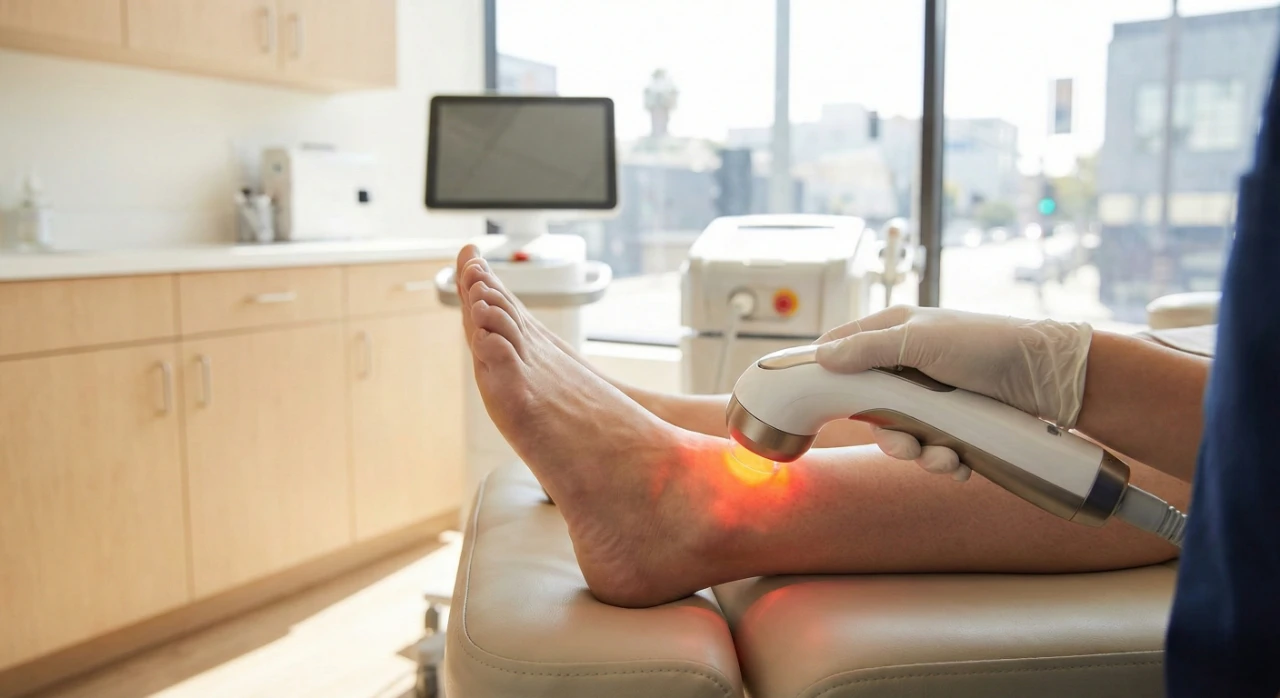 A close-up shot inside a brightly lit medical clinic room, focusing on a patient's bare foot and ankle resting on a padded examination table. A gloved hand of a medical professional holds a handheld therapeutic laser device with a white handle and silver head, applying it to the back of the patient's ankle near the Achilles tendon. A bright, localized red light glows intensely from the device's tip onto the skin. In the slightly blurred background, there are light wooden cabinets, a monitor, and other medical equipment.