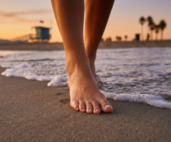 A low-angle, close-up shot captures healthy bare feet walking on wet sand during a vivid California sunset. The warm golden-hour light reflects off the water and highlights the smooth skin texture. The background is a soft-focus Santa Monica beachscape featuring silhouettes of palm trees and a lifeguard tower under a glowing orange sky.
