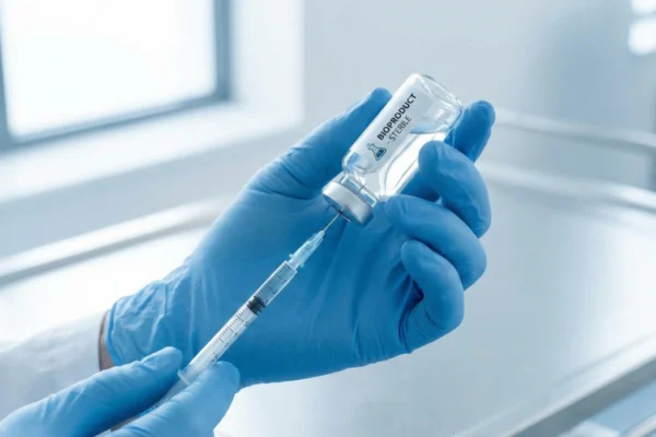 A close-up shot in sterile light of gloved hands holding a clear glass vial with a label reading "BIOPRODUCT STERILE" and drawing liquid into a syringe. The focus is sharp on the vial and needle.