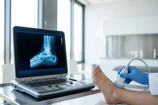 A medium shot in a modern medical room, showing a doctor using an ultrasound probe on a patient's ankle. A laptop screen next to them displays a clear blue-toned scan of the foot's bone structure.