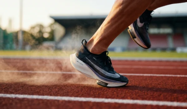 A dynamic, low-angle action shot of an athlete's foot in a high-performance black and white running shoe striking a red textured athletic track. Wisps of dust are kicked up by the impact, highlighted by the warm, golden-hour sunlight. The background is a soft-focus stadium under a clear sky, creating a sense of speed and professional athletic performance.
