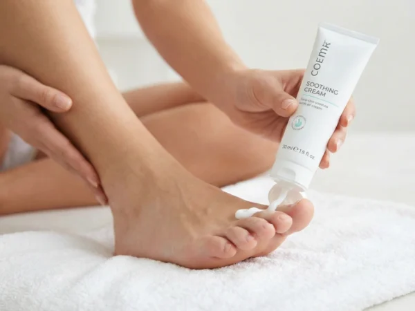 A close-up shot bathed in soft, natural daylight showing a person applying white cream from a tube labeled "COEMR SOOTHING CREAM" onto their toes. The composition is minimalist and clean, focusing on the hands and bare feet resting on a plush white towel.