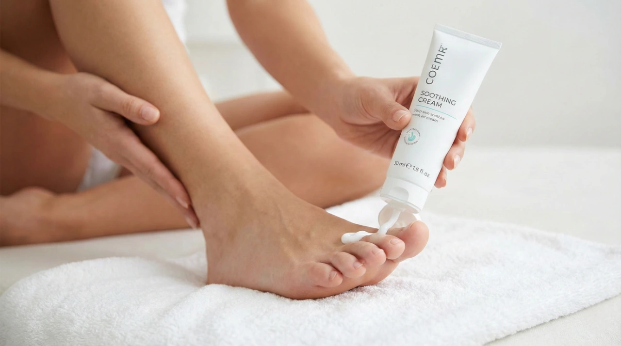 A close-up shot bathed in soft, natural daylight showing a person applying white cream from a tube labeled "COEMR SOOTHING CREAM" onto their toes. The composition is minimalist and clean, focusing on the hands and bare feet resting on a plush white towel.
