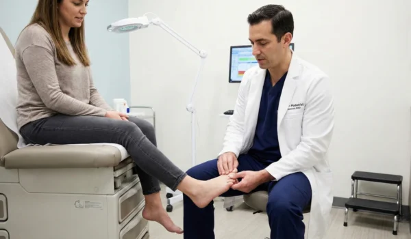 A wide-angle landscape shot in a bright, clinical examination room with soft, even lighting. A podiatrist in a white medical coat and navy scrubs sits on a low stool, gently holding a patient's foot between both hands to examine the big toe joint. The patient, a woman in a grey sweater, sits on a modern tan examination table. A medical monitor and white magnifying lamp are visible in the background, creating a professional and clean atmosphere.