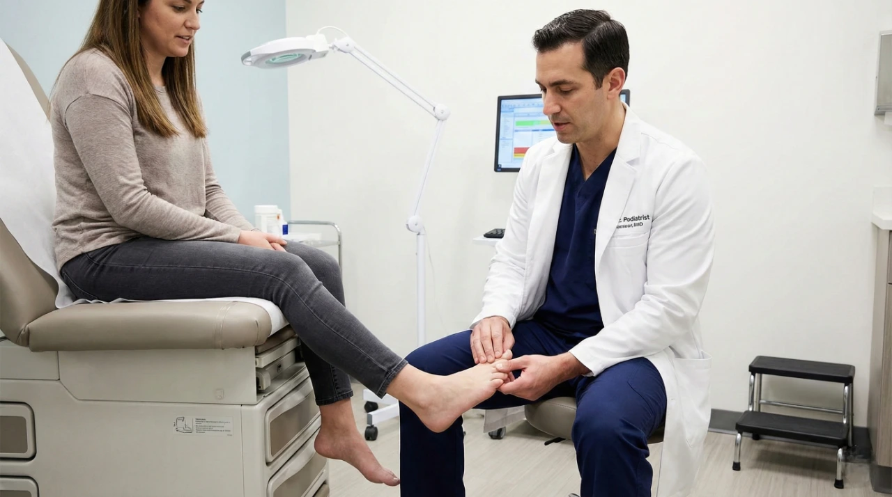 A wide-angle landscape shot in a bright, clinical examination room with soft, even lighting. A podiatrist in a white medical coat and navy scrubs sits on a low stool, gently holding a patient's foot between both hands to examine the big toe joint. The patient, a woman in a grey sweater, sits on a modern tan examination table. A medical monitor and white magnifying lamp are visible in the background, creating a professional and clean atmosphere.
