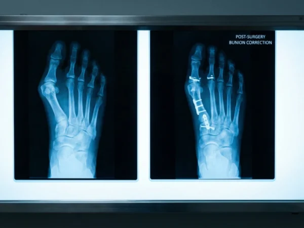 A high-contrast medical radiographic image displayed on a sleek metallic light box against a dark grey wall. The composition is a split-screen comparison in cool blue monochrome. The left side shows a pre-operative foot with a pronounced bone deviation. The right side is labeled with white sans-serif text "POST-SURGERY BUNION CORRECTION" and shows the same foot perfectly realigned with visible surgical plates and screws securing the first metatarsal. The lighting is sharp, emphasizing the skeletal correction.