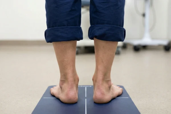 A low-angle rear view of a person standing barefoot on a dark blue diagnostic mat marked with white crosshair lines. The lighting is soft and natural, highlighting the significant inward leaning of the ankles, known as overpronation. The person is wearing dark blue rolled-up trousers, and the background is a clean, neutral-toned clinical room.