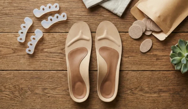 A top-down flat lay on a warm-toned wooden surface. In the center are a pair of tan-colored contoured foot insoles. To the left, four white translucent silicone toe spacers are arranged vertically. To the right, several tan circular felt pads spill out of an open brown kraft paper pouch. A small green succulent in a pot is visible in the bottom right corner. The lighting is soft, even, and natural.
