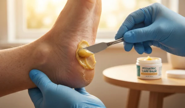 A macro, warm-toned photograph under soft natural light. Hands in blue nitrile gloves use a small metal spatula to spread a thick, yellowish ointment onto a patient's heel. A jar labeled "PODIATRIC CARE BALM" is visible in the soft-focus background on a wooden table.