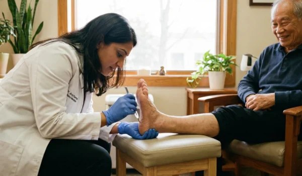 A side-profile shot of a doctor’s gloved hands gently examining a senior's foot; the light is soft and warm, creating a clean and professional healthcare atmosphere.