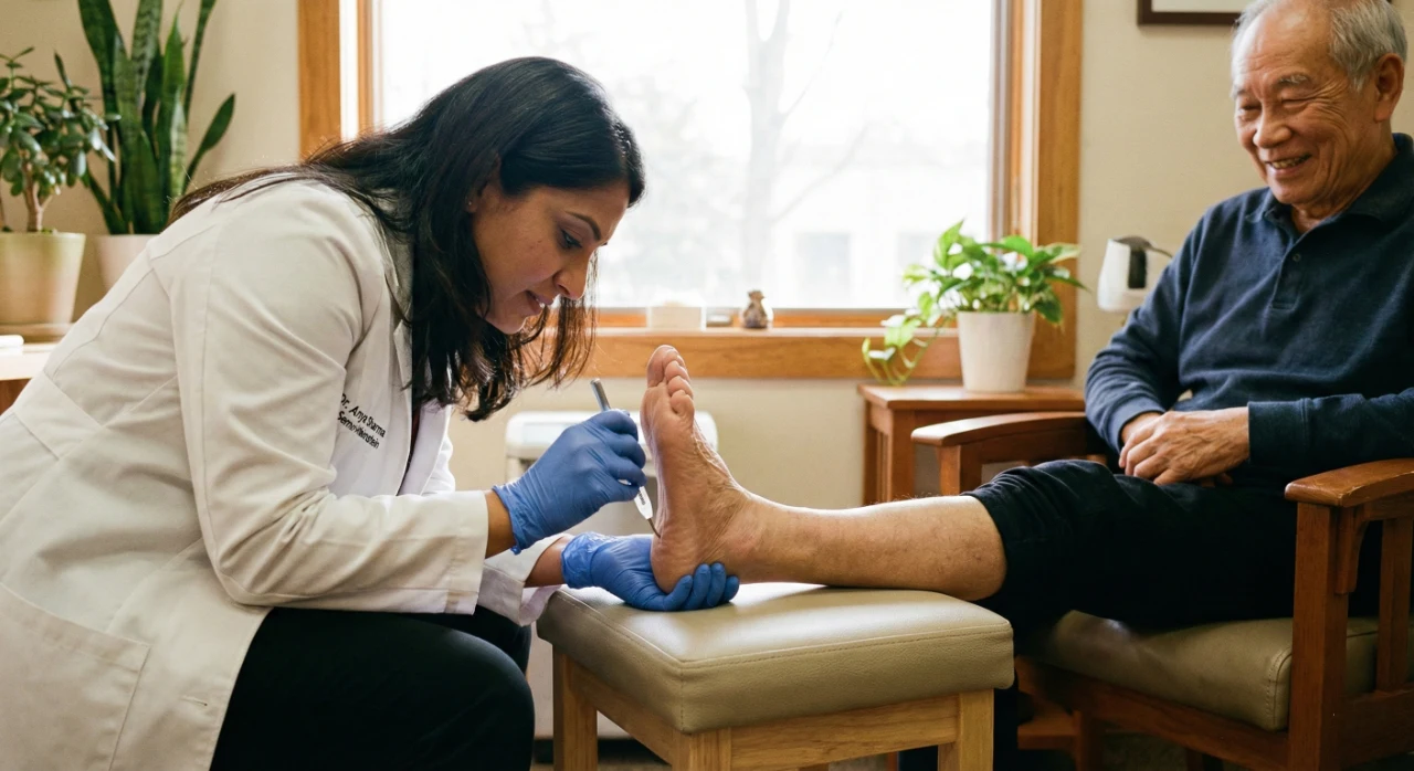 A side-profile shot of a doctor’s gloved hands gently examining a senior's foot; the light is soft and warm, creating a clean and professional healthcare atmosphere.