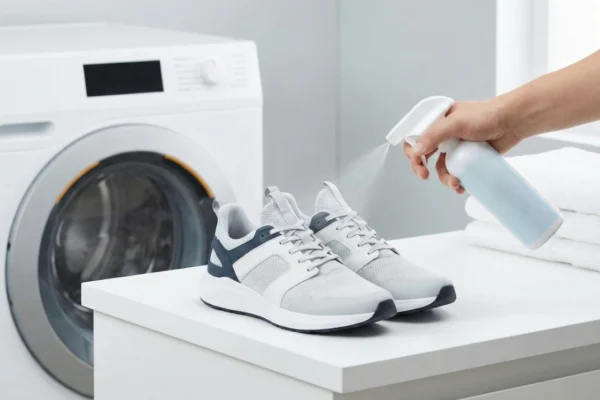 A crisp, high-key shot in a minimalist laundry room. A hand is seen in the frame spraying a pair of white and grey sneakers with a white spray bottle. In the background, a modern white washing machine and a neat stack of white towels are visible under even, bright lighting.