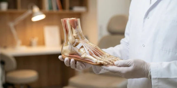 A centered, medium close-up shot of a podiatrist in a crisp white medical coat and sterile gloves holding a highly detailed, transparent anatomical model of a human foot. The model clearly shows intricate muscles, tendons, and bone structures. The lighting is soft and warm, casting a gentle glow from a desk lamp in the background, which features a professional medical office with a smooth bokeh effect.