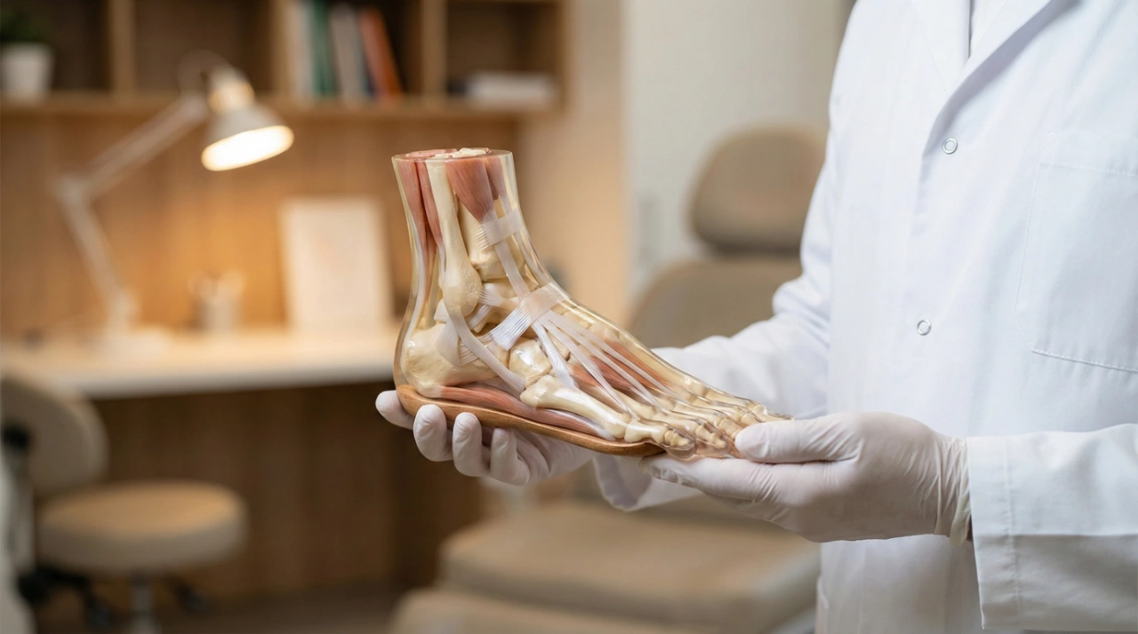 A centered, medium close-up shot of a podiatrist in a crisp white medical coat and sterile gloves holding a highly detailed, transparent anatomical model of a human foot. The model clearly shows intricate muscles, tendons, and bone structures. The lighting is soft and warm, casting a gentle glow from a desk lamp in the background, which features a professional medical office with a smooth bokeh effect.