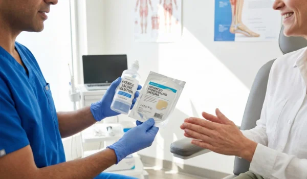 A waist-up shot in a bright, sunlit medical office. A doctor in blue scrubs and gloves holds a bottle labeled "STERILE SALINE SOLUTION" and a packet of "ADVANCED HYDROCOLLOID DRESSING" toward a smiling patient. The composition is clean and airy, emphasizing professional guidance.