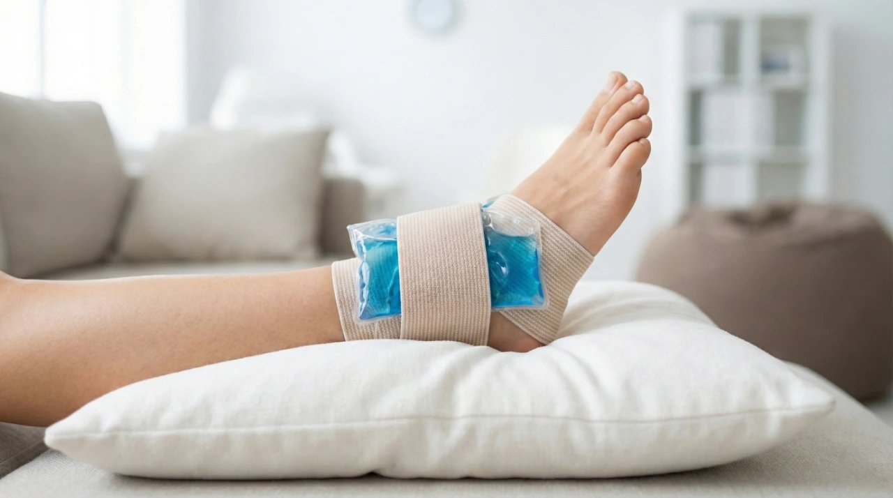 A photograph of a person's ankle elevated on a soft, white pillow. A clear, reusable gel ice pack, showing blue gel inside, is secured firmly around the ankle with a beige elastic compression bandage. The person is resting comfortably on a light gray couch in a brightly lit, modern living room with blurred furniture and a window in the background.