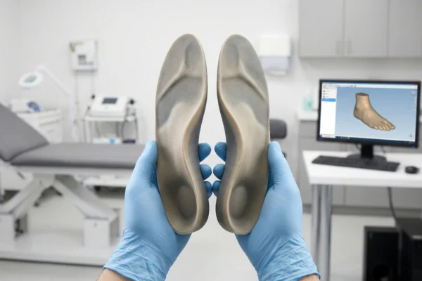 A first-person perspective shot of hands in blue nitrile gloves holding a pair of brownish, ergonomically shaped custom foot orthotics. The lighting is bright and clinical, emphasizing the deep heel cups and high arch contours of the inserts. In the blurred background, a computer monitor displays a detailed 3D digital model of a human foot, illustrating the medical design process.
