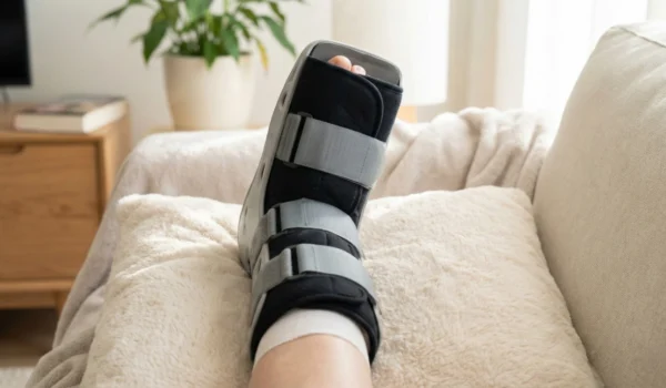 A centered composition in a bright, cozy domestic interior. A foot encased in a black and grey orthopedic walking boot rests on a plush, white textured pillow on a beige sofa. Soft daylight highlights the fabric textures, with a blurred green houseplant in the background.
