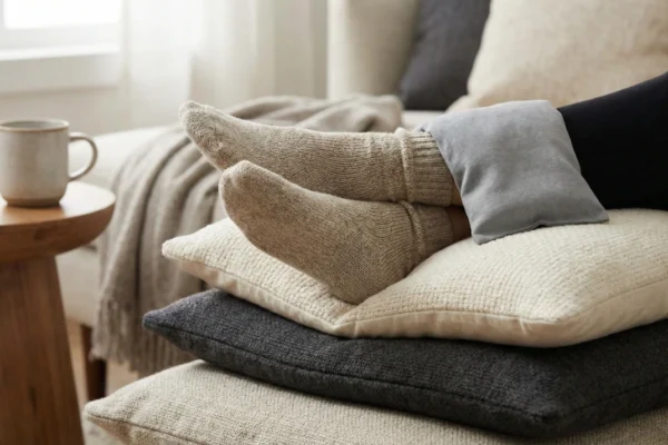 A high-angle, cozy lifestyle photograph featuring a pair of feet in thick beige wool socks resting atop a stack of soft, textured cream and charcoal pillows. A small, grey fabric ice pack is placed over the ankle area. The lighting is soft and diffused, coming from a nearby window, creating a serene and comfortable domestic atmosphere for recovery.