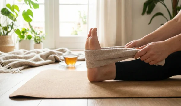 A bright, airy ground-level side view shot on a textured cork yoga mat. The composition centers on a bare foot with a tan cotton towel wrapped around the ball of the foot, held taut by hands just out of frame. Natural light illuminates the scene from a nearby window, highlighting the soft textures of the towel and the indoor plants in the blurred background, creating a calm, instructional aesthetic.