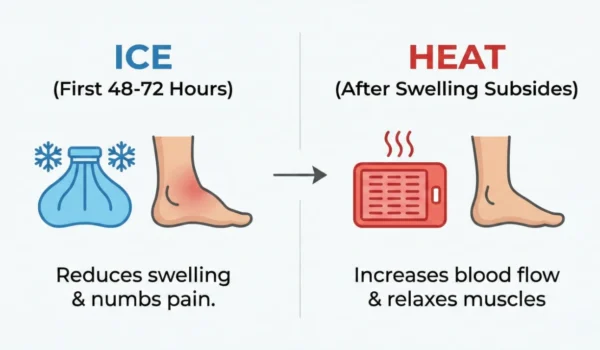 A clean, modern infographic with a white background, titled "ICE (First 48-72 Hours)" on the left in blue text and "HEAT (After Swelling Subsides)" on the right in red text. Below the left title is a blue icon of an ice bag with snowflakes, next to a graphic of a swollen red ankle. Text below reads: "Reduces swelling & numbs pain." Below the right title is a red icon of a heating pad with heat waves, next to a graphic of a healed, normal-colored ankle. Text below reads: "Increases blood flow & relaxes muscles." A central gray arrow points from the ice section to the heat section, indicating the progression.