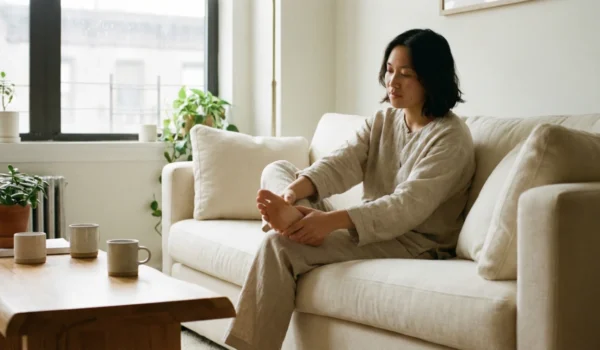 A warm, lifestyle-oriented composition captured in natural, soft morning light. A woman in beige linen loungewear sits on a cream-colored minimalist sofa, gently holding her foot with a focused expression. The scene features earthy tones, indoor plants, and a wooden coffee table with ceramic mugs, creating a serene and empathetic atmosphere of home recovery.