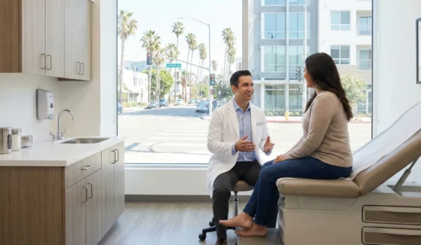 A bright and airy medical consultation scene featuring a doctor in a white lab coat talking to a patient. The composition is a wide shot within a modern office, featuring a large window that reveals a sunny street with palm trees. The light is high-key and professional, highlighting the clean cabinetry and medical examination table.