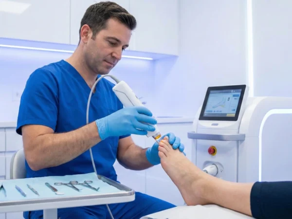 A wide, high-key clinical shot of a male podiatrist in bright blue scrubs and blue nitrile gloves performing a laser procedure on a patient's toe. The doctor uses a sleek, white handheld device. In the background, a modern medical monitor displays a digital foot graphic. The composition includes a foreground surgical tray with sterile stainless steel instruments, all set against a minimalist, brilliantly white laboratory-style background with clean blue LED accents.