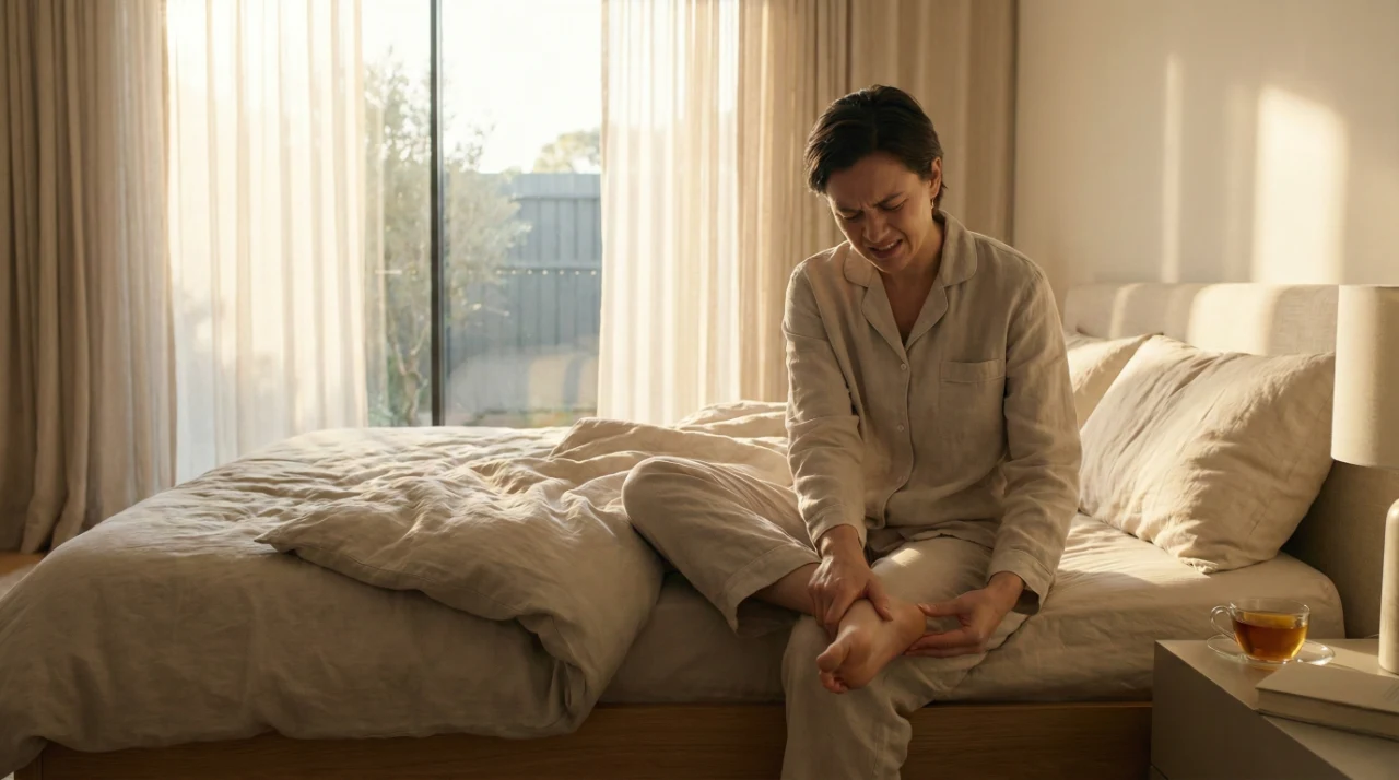 A cinematic medium shot in a sun-drenched bedroom with warm, soft morning light filtering through sheer curtains. The composition focuses on a person in light-colored pajamas sitting on the edge of an unmade bed, their face contorted in a grimace of pain while clutching their heel. A cup of tea sits on a minimalist wooden nightstand in the foreground, adding to the intimate, lived-in atmosphere.