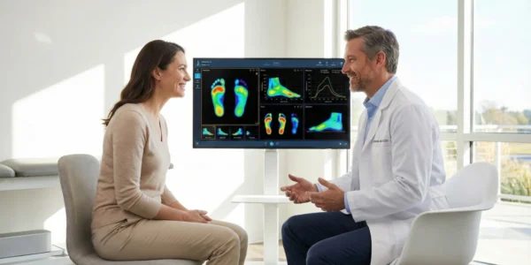 A male doctor and female patient sit in a sunlit clinic, smiling as they discuss digital foot scan results displayed on a large monitor.