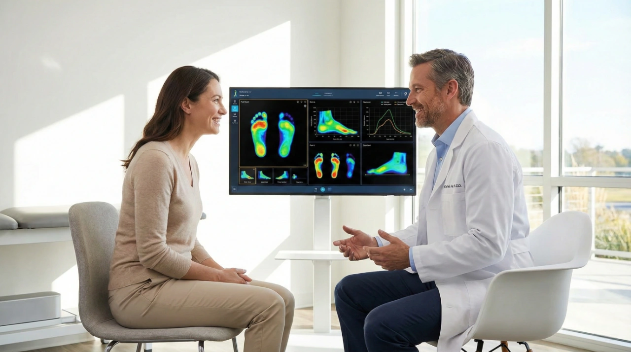 A male doctor and female patient sit in a sunlit clinic, smiling as they discuss digital foot scan results displayed on a large monitor.