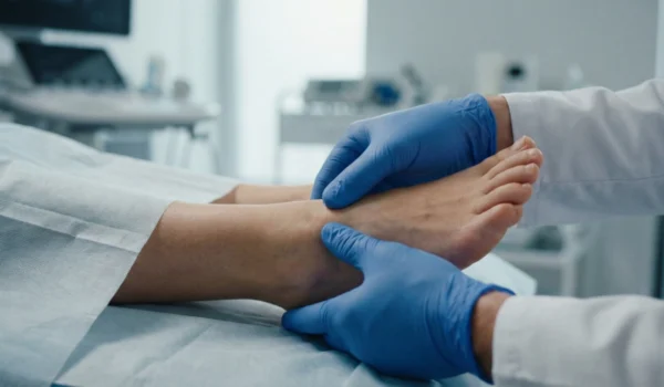 A clinical close-up with clean, neutral lighting. A patient's foot lies on a white medical examination table while a doctor’s hands in blue gloves gently palpate the ankle and arch. The background shows blurred high-end medical monitors, conveying a professional diagnostic environment.
