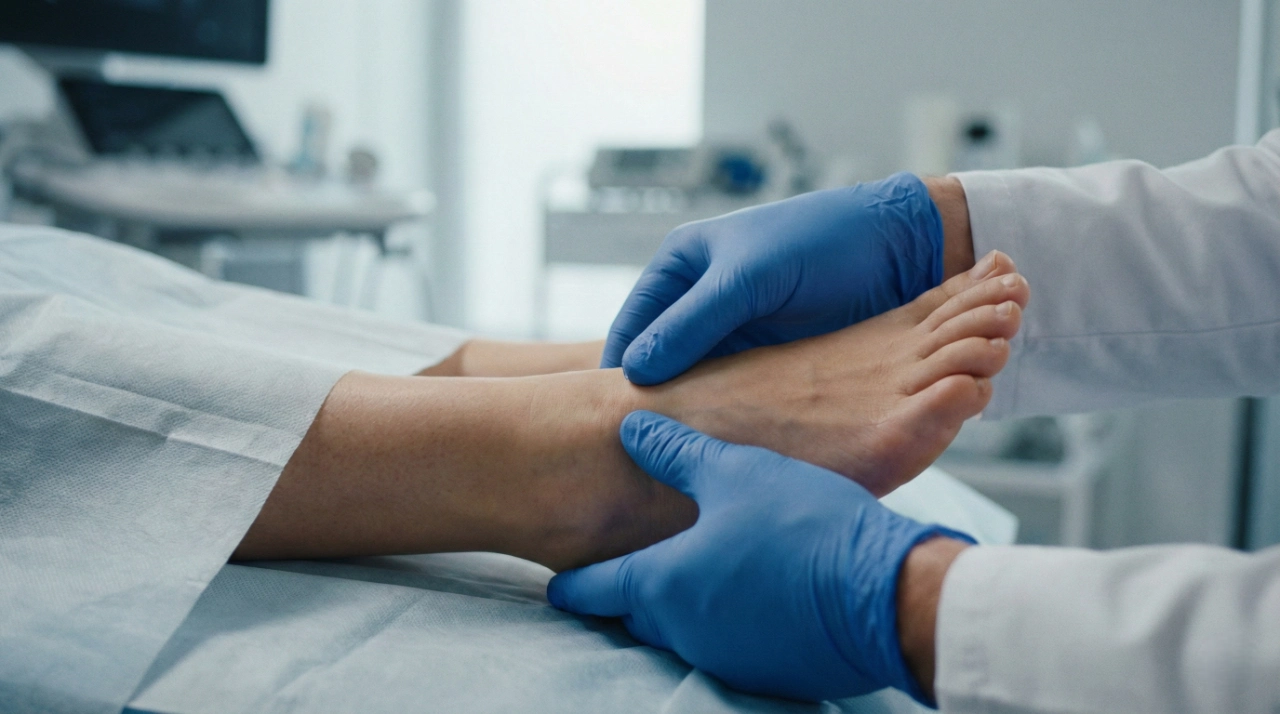 A clinical close-up with clean, neutral lighting. A patient's foot lies on a white medical examination table while a doctor’s hands in blue gloves gently palpate the ankle and arch. The background shows blurred high-end medical monitors, conveying a professional diagnostic environment.