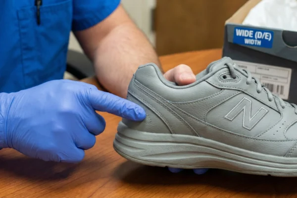 A close-up, brightly lit clinical shot of a healthcare provider in blue scrubs and blue nitrile gloves holding a grey New Balance athletic shoe. One gloved finger points specifically to the cushioned heel of the shoe. In the background, a grey shoebox features a prominent blue label with white text reading "WIDE (D/E) WIDTH." The composition is centered on the shoe and the expert's hands over a wooden surface.