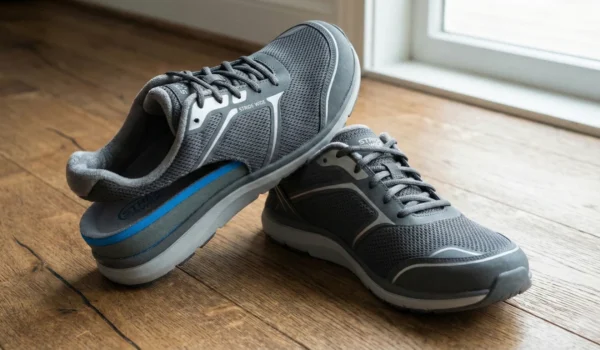 A Three-quarters view of wide-toe athletic shoes on a neutral wood surface; soft natural light highlights the flexible mesh fabric and the roomy front design.