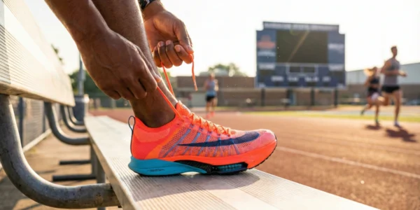 A vibrant, sunlit close-up shot of an athlete's hands tying the bright orange laces of a modern, neon-colored running shoe. The foot rests on a light-colored wooden bleacher, with a blurred sports stadium and running track in the background under clear, warm daylight, emphasizing an active lifestyle.