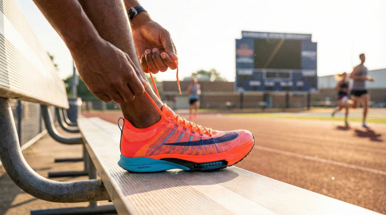 A vibrant, sunlit close-up shot of an athlete's hands tying the bright orange laces of a modern, neon-colored running shoe. The foot rests on a light-colored wooden bleacher, with a blurred sports stadium and running track in the background under clear, warm daylight, emphasizing an active lifestyle.