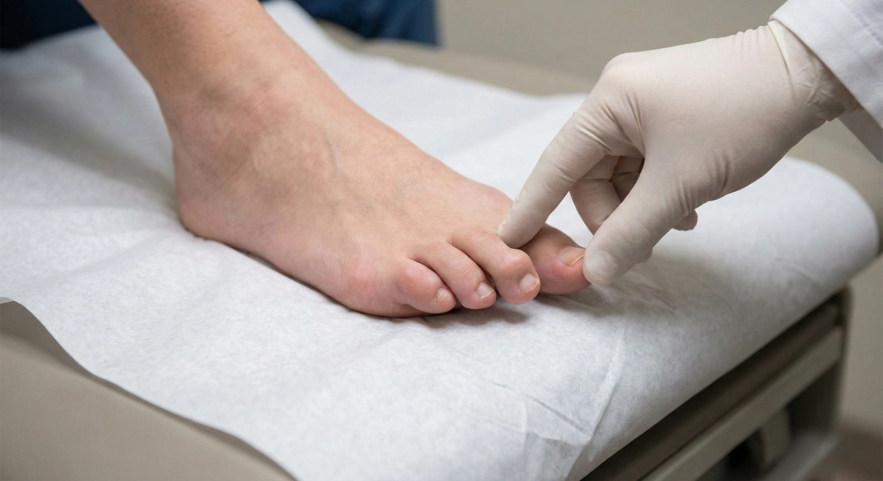A clinical close-up under bright, sterile lighting showing a bare foot resting on white medical exam table paper. A hand wearing a white latex glove is gently pressing on a visibly bent second toe joint to check for flexibility. The composition is clean and focused entirely on the interaction between the medical professional’s hand and the hammer toe deformity.
